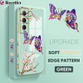 Jizetin (Free Lanyard) for Realme C65 Back Cover Peach Blossom and Butterfly Luxury 6D Plating Case Side Pattern Soft Silicone Square Mobile Phone Cases. 