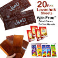 20 Pcs Persian Lavashak 10 Fruit Leather Roll Sheets 5 Tamil Imli Sauce 5 Churan Chat Masala Irani Imli Strips Khati Methi Sweet and Sour Layer Powder Chooran Chaat Viral Choran Rolls Sheet Taili lava Shak Box Ready to eat recipe Souce Candy Set Snack. 