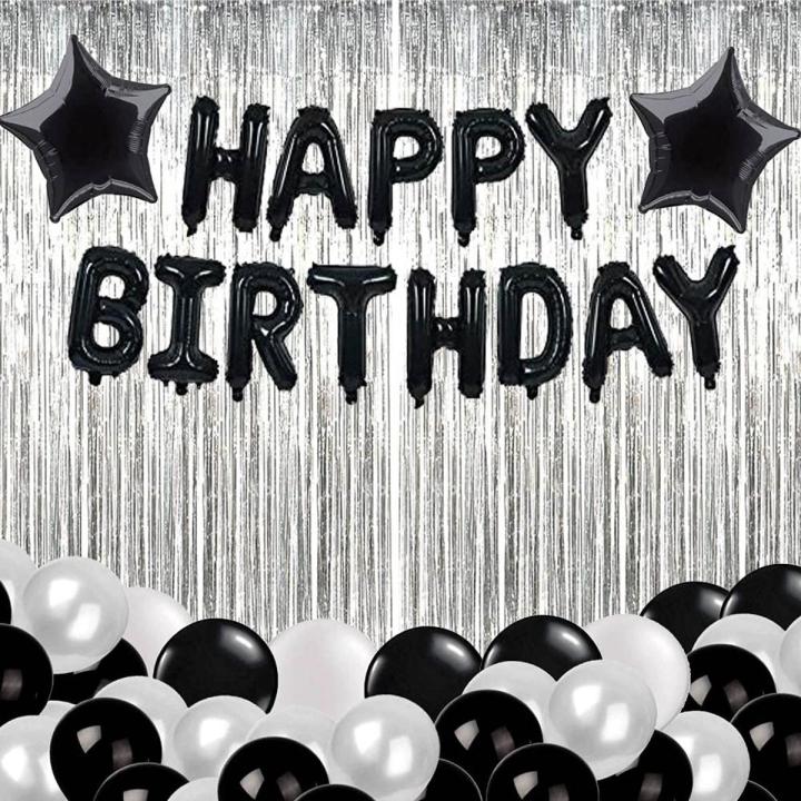 Happy Birthday Balloons For Decoration Kit (Black Happy Birthday Letter and Silver Curtain, Star Foil with HD Metallic Black & White Color Latex Balloons Combo Set (Black)