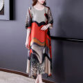 Casual Loose Vintage Floral Printed Long Dress Folk Women's Clothing Straight All-match Patchwork Summer Short Sleeve Dresses. 