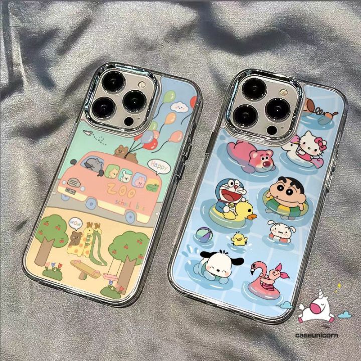 Cartoon Doraemon Crayon Shin-chan Lotso Bear Case Compatible for IPhone 7Plus 14 15 11 12 13 Pro Max 8Plus 7 6 15 8 6S Plus SE 2020 XR X XS Max Luxury Plating Metal Lens Soft Cover