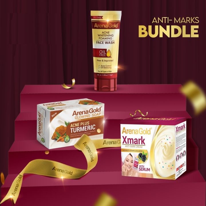 Arena Gold Anti Marks Bundle,1 Anti Acne Facewash 1 Turmeric Soap Bar 1 Xmark Cream