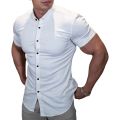 Canis-Men Casual Shirt, Solid Color Short Sleeve Lapel Neck Slim Fit Button-Down Leisure Tops. 