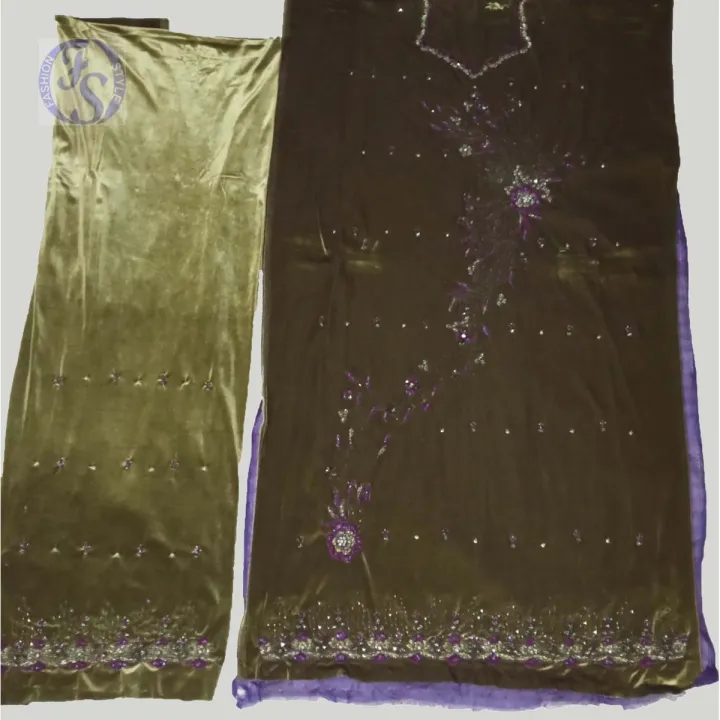 Attractive Mehndi Colour Shaded Velvet Suit