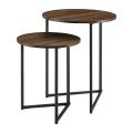 Modern Round Metal Base Nesting End Table, Set of 2, Walnut Brown. 