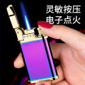 Creative Blue Flame Windproof Straight Metal Lighter Portable Personalized Open Fire Inflatable Wenzhou Lighter Wholesale. 