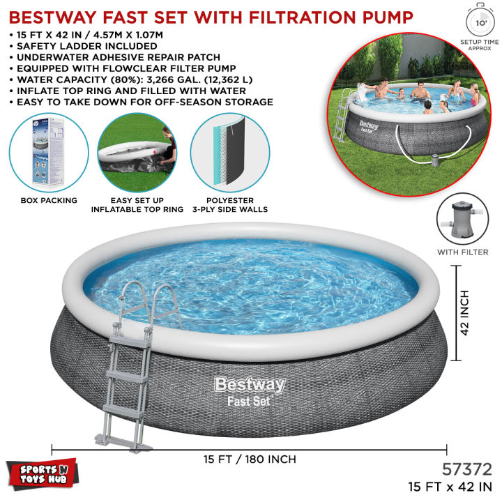 15 Ft Bestway Inflatable Fast Set Swimming Pool With Filter For Kids & Family Inflatable Solid Sidewall Large Swimming Pool With Vinyl Deep 42 Inch Depth Water Splash Fun Party Game Indoor & Outdoor Picnic With Family Fast, Easy & Simple 57372