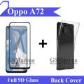Oppo A72 Full Black 9D Tempered Glass Edge To Edge (Full Glue) Screen Protector + Back Cover Transparent Soft Crystal Clear Case For A72. 