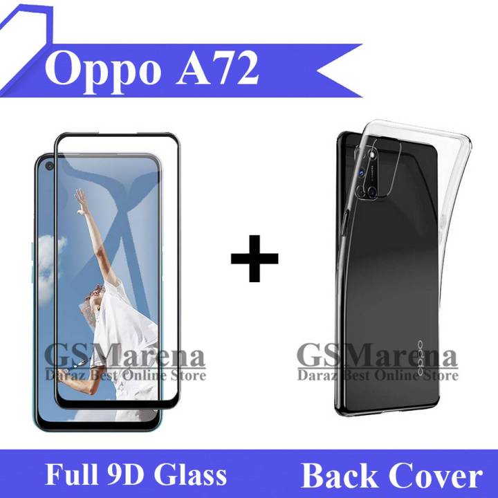 Oppo A72 Full Black 9D Tempered Glass Edge To Edge (Full Glue) Screen Protector + Back Cover Transparent Soft Crystal Clear Case For A72