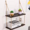 Wall Mounted Rope Hanging Shelf - Laminated Wooden Floating Rope Shelf Organizer - With 2x Solid Wooden Racks for Bedroom/Kitchen/Office. 
