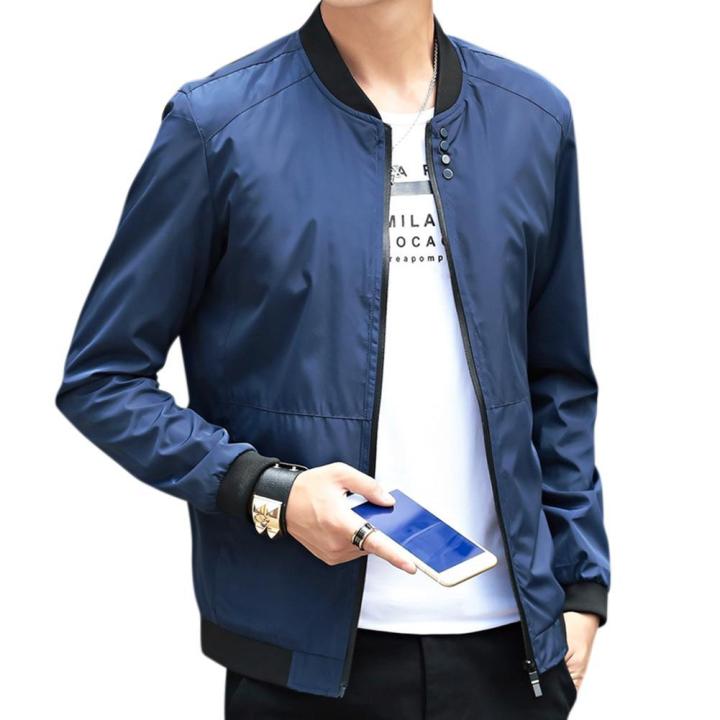 Men Simple Casual Baseball Jacket Solid Color Stand-up Collar Coat