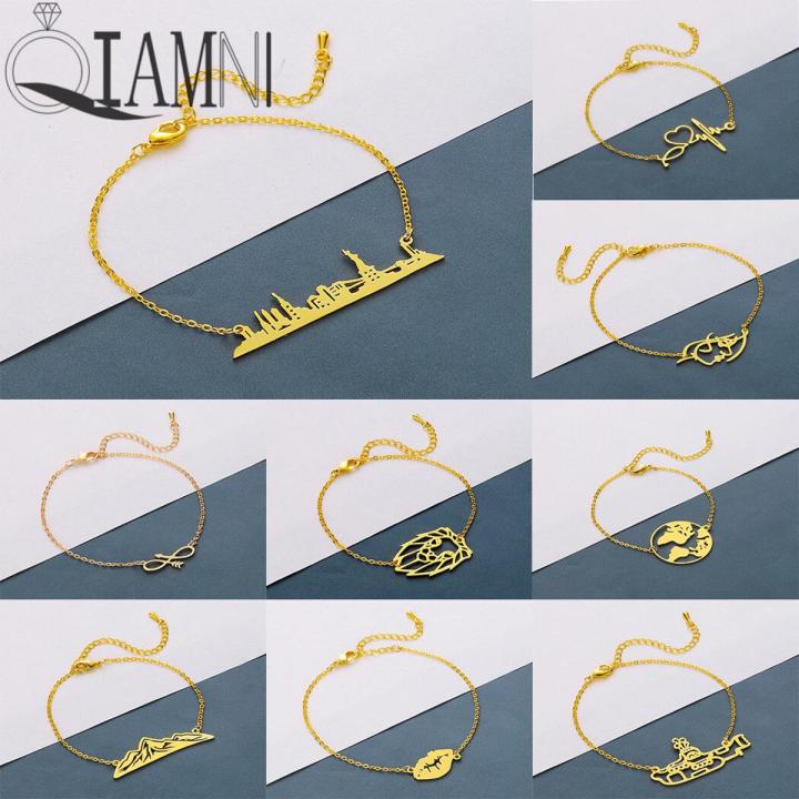 【beauty code】QIAMNI Stainless Steel New City Lion Arrow Lips Map Boat Heartbeat Bracelet Women Girls Souvenirs Jewelry