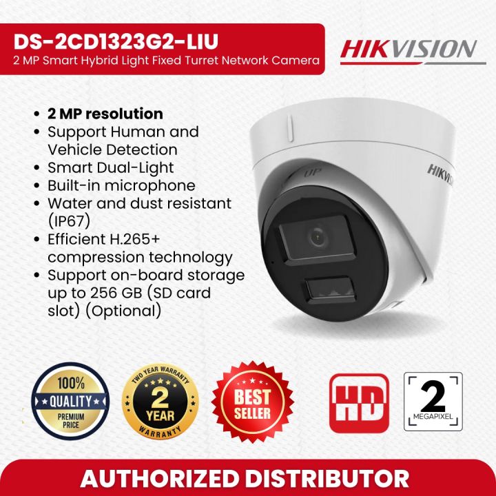 HIKVISION DS-2CD1323G2-LIU 2 MP SMART HYBRID LIGHT FIXED TURRET NETWORK CAMERA-SUPPORT HUMAN AND VEHICLE DETECTION NETWORK CAMERA- SMART DUAL LIGHT ADVANCED TECHNOLOGY WITH LONG RANGE CAMERA- BUILT-IN MICROPHONE FOR REAL-TIME AUDIO SECURITY CAMERA
