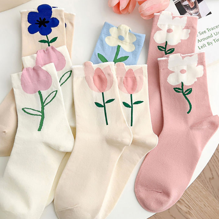 1 Pair Women Socks Cartoon Flower Candy Color Harajuku Breathable ...