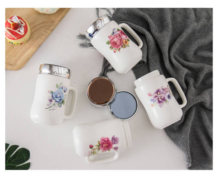 Designer Ceramic Coffee Mugs with Mirror Lid -  400ml (Random Design)