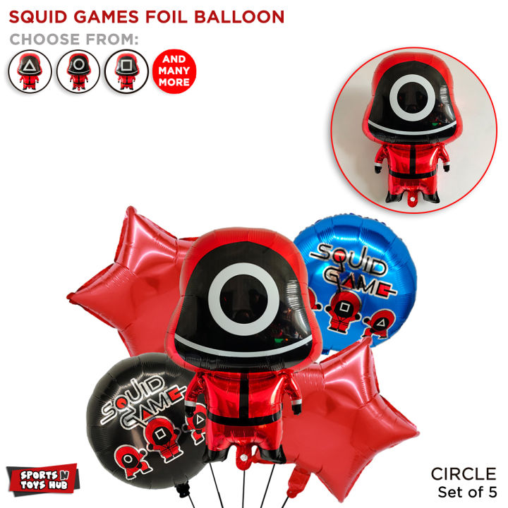 Squid Games Set of 5 Pcs Metallic Foil Balloons, Squid Games Movie Series Birthday Theme Reusable Balloon, Birthday Parties Decoration, Party Supplies, Kids Cartoon Theme Pack, Cartoon Ballons Decor Set, Boy Birthday Ideas, Children's Games