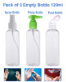 Pack of 3 Empty Plastic Spray Pump and Push Bottle. 