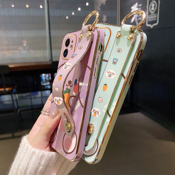 chenyyka%20For%20iPhone%2012%20Mini%20Case%20With%20Wristband%20New%20Design%20Square%20Edge%20Phone%20Case%20Cute%20Line%20Rabbit%20Pattern%20Shockproof%20Plating%20Silicone%20Casing%20Full%20Cover%20SoftCase%20Protection%20Cases%20Girl%20Women%20-%20Image%206