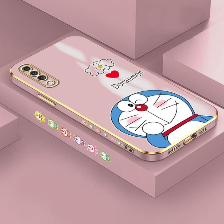 Free Lanyard for Samsung A70 70S Back Cover Cute Cartoon Doraemon Square Edge Pattern Cover Luxury Plating Soft Phone Case