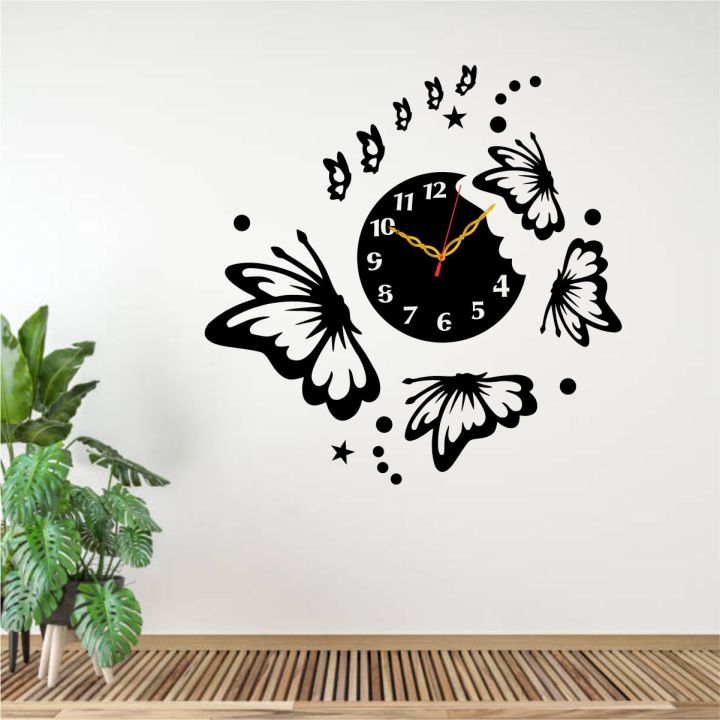 Flying Butterflies with Stars and Dots, And Butterfly Shelf,MDF, wall clock,circle,square,eagle shape,family,map Material, Décor Item, BIG BUTTERFLY CLOCK, 3D DIY Self Adhesive Wall Clock, Smooth Machine, Double Tape, Best For Gift And Drawing Room