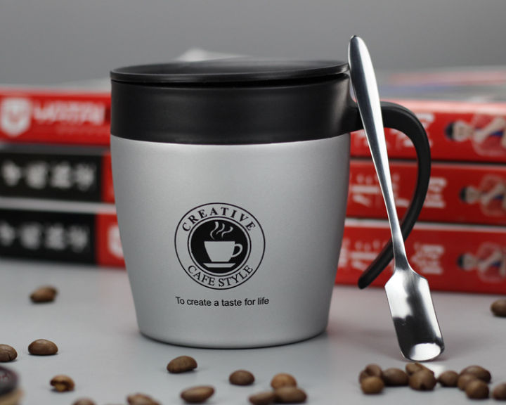 Coffee Travel Cup / Mug With Lid Spoon (Stainless Steel) BORREY Coffee Mugs Creative  Coffee Mug Warmer With Handle Metal Tea Cup 300-ml