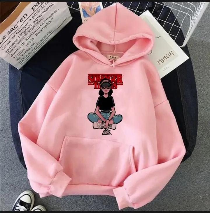 Pink STRANGER THINGS Printed Fleece Pullover Kangroo Hoodie For Girls Women Daraz.pk