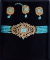 Earrings, Bindya, and Necklace Jewellery Set - Sky-Blue Moti with Glass Beads - Moroccan Style Jewellery for Girls and Women". 