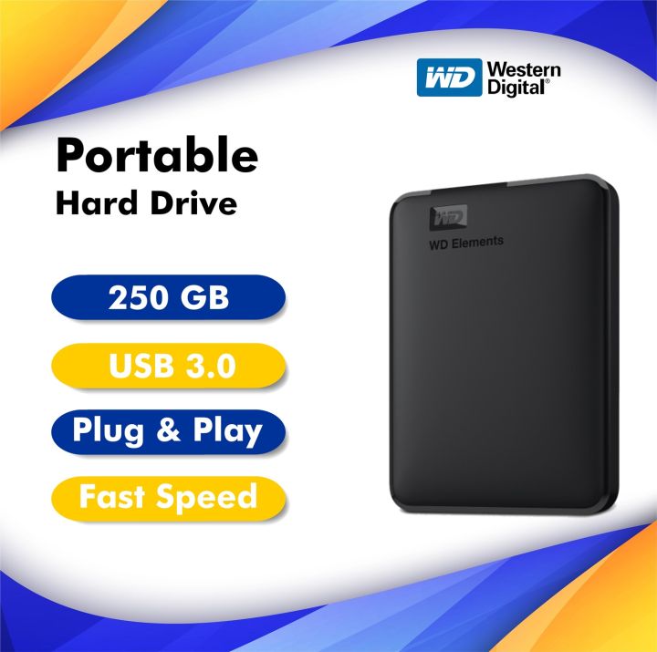 USB 3.0 Portable External Hard Drive 250GB WD Elements Portable Hard Disk Storage For Mac and Windows - Computer and Laptop