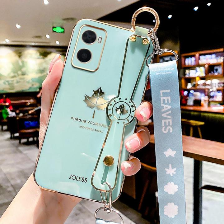 For OPPO A76 Back Cover with Lanyard + Wristband Fashion Shiny Maple Leaf Plating Bumper Stand Holder Case Camera Protection Soft Silicone Mobile Phone Cases