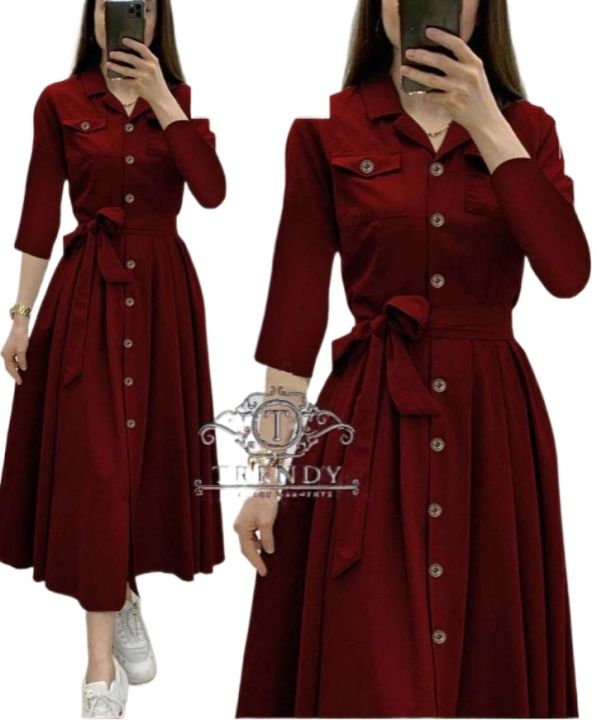 Designer%20Shirt%20Collar%20Frock%20Open%20Style%20with%20Belt%20-%201%20PC%20(Shirt%20/%20Kameez%20and%20Trouser%20/%20Shalwar)%20by%20Turbo%20Fashion%20Dress%20For%20Girls/%20Women%20-%20Image%204