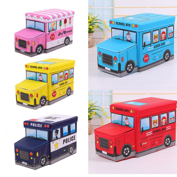 Multi-Functional New School Bus Shape Baby Toys Organizer for Kids Clothes Toy Storage Box Folding Cartoon Car Storage Basket Sundries Bin Children Storage