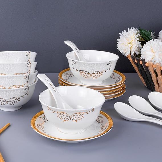 Marhaba Soup Set With Spoon - Set of 14 - Ceramic - White Printed
