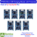 5/10/20/50 pcs of tp4056 5v 1 amp dual protection 5 volt lithium battery charging module-3.7 battery module-micro usb input-tc4056 low voltage battery protection, tp456 with micro usb by Electrica. 