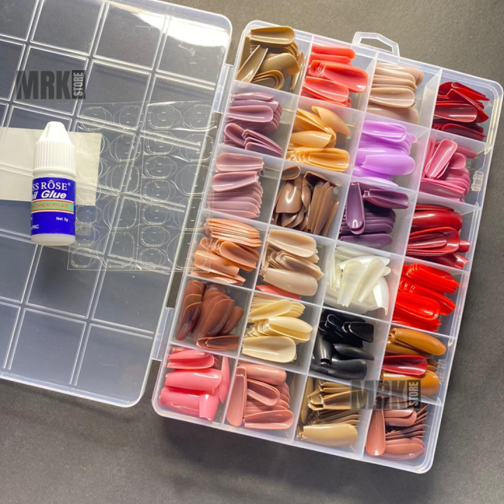 576 pcs nails with box reusable nails, 24 different colours with one glue and jelly sticker glue free, beautiful fake french nails in less price trending nail box long lasting nails