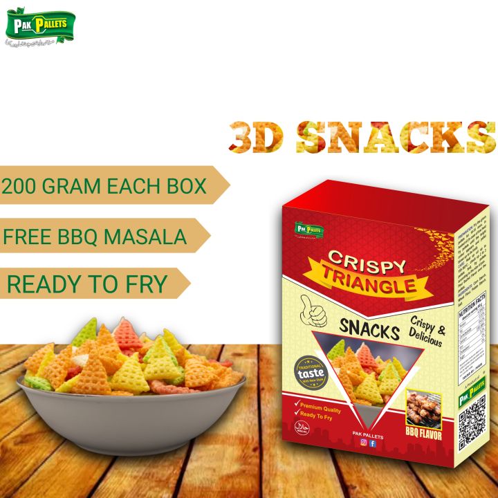 Trendy 3D Triangle Crispy and crunchy Snacks, mix color Snacks, Free BBQ masala inside, fryums or frymus, snack food, 200 grams in one box with free BBQ masala