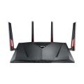 AC3100 Dual Band Gigabit WiFi Gaming Router with MU-MIMO, supporting AiProtection network security by Trend Micro, AiMesh for mesh WiFi system, and WTFast game accelerator. 