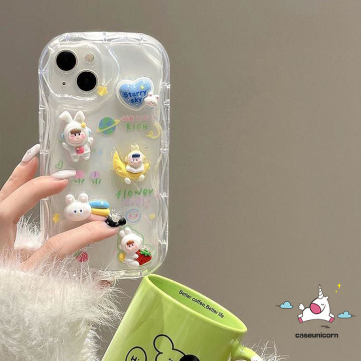 Cute Duck 3D Doll Case Compatible for IPhone 14 XR X 11 7Plus 13 12 Pro Max 6 7 6s 8 Plus XS Max SE 3D Wavy Curved Edge Cute Steric Bear Rabbit Cover With Little Bear Bow Lanyard