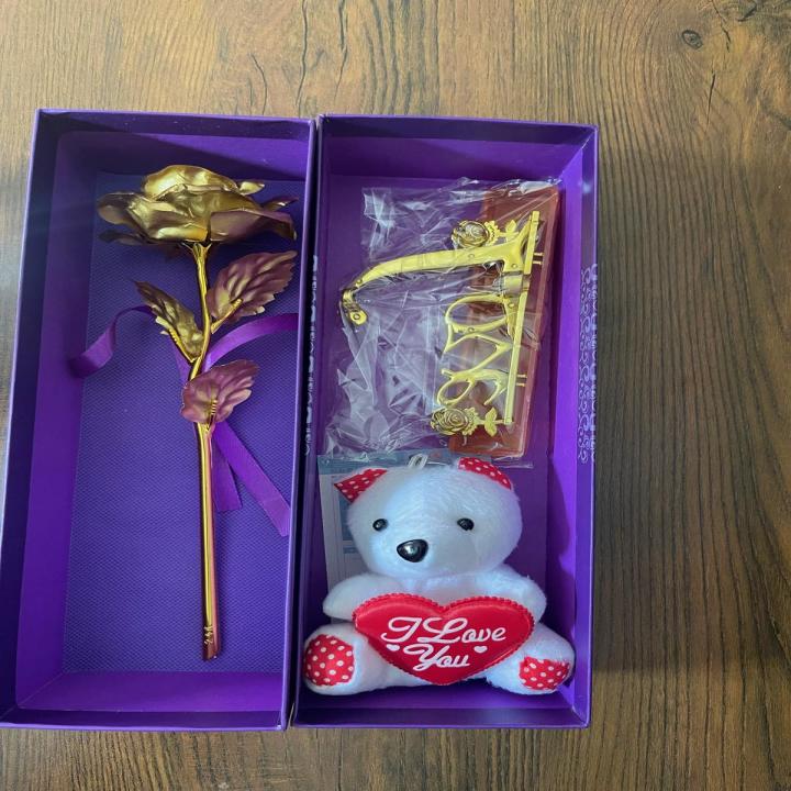 24K gold plated rose with love stand and teddy Valentine Anniversary ...
