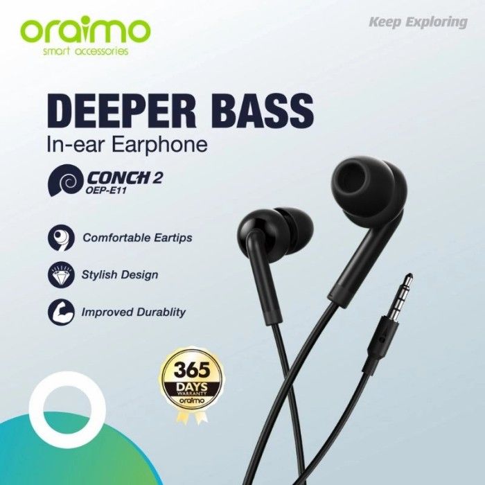 Oraimo Handsfree - Sterio HiFi Earphones HD Clear Phone Call - Aux 3.5mm input ,  High Quality, Clear Sound And Base With Built In Mic For Gaming, Music And Calls, Super Bass White Earbuds, Soft Silicone Ear Tips