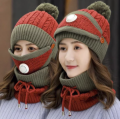 3PCS Womens Winter Warm Scarf Knitted Hat Mask With Filter Set Fashion Thickened Face Cover  For Men Women. 
