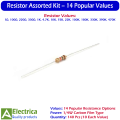 140 Pcs Resistor Assortment Kit 1/4W with 14 Popular Values (1Ω, 100Ω, 220Ω, 330Ω, 1K, 4.7K, 10K, 15K, 22K, 100K, 180K, 330K, 390K, 470K) 10 Pcs Each by Electrica. 