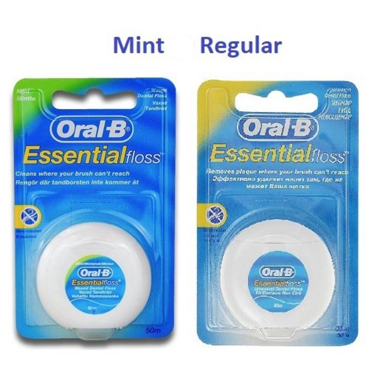 Oral B Essential floss, 50m, Dental Floss Waxed/Unwaxed Mint/Original Pack of 2 pcs