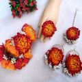 Bridal jewellery set, Bridal jewellery set Mehndi, mayon flower jewelry , Mehndi accessories, Mehndi Jewellery set for girls for Bridal.2 gajras+pair of earrings+1 tikka+1 ring. 