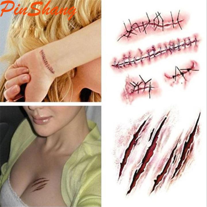 PinShang GlowSol Horror Realistic Fake Bloody Wound Stitch Scar Scab Waterproof Temporary Tattoo Sticker Body Art Stickers Halloween Masquerade Prank Makeup Props RC2251 10.56CM