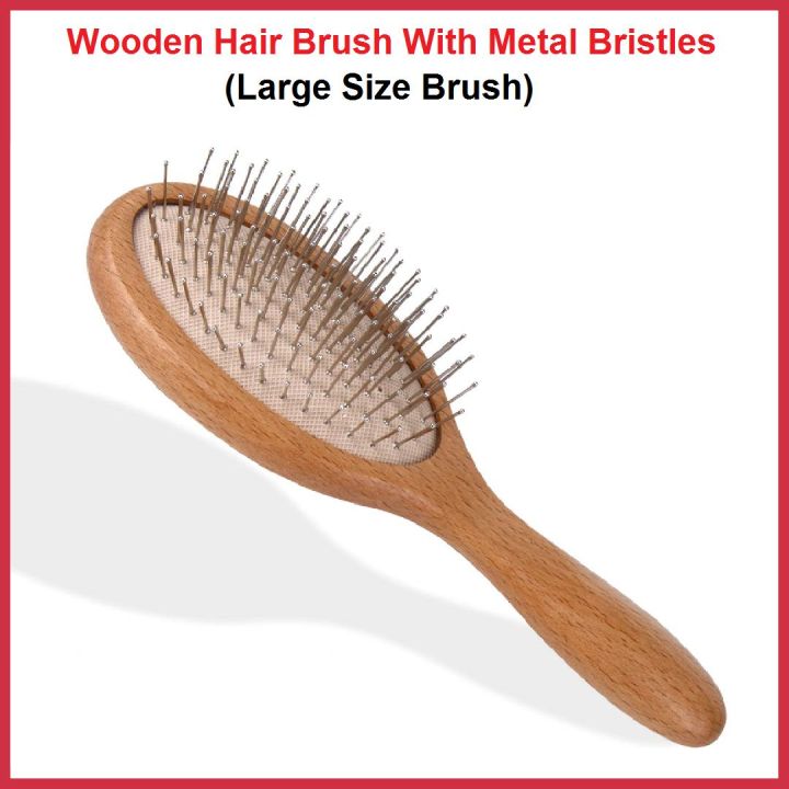 Wooden Hair Brush With Metal Bristles (Large Size) (Oval Shape) | Bamboo Wooden Hair Combs | Natural Wooden Bamboo Brush | Wooden Brush and Comb | Wood Combs For  Hair Fall | Hairbrush for Women   Men Kids | Lakri Ka Kanga Kangi | Wood Comb For Curly Hair