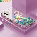 UCUC for Vivo Y15S/Y15A/Y01 Back Cover + Free Lanyard Elegant Flower Peacock Luxury 6D Plating Case Side Pattern Soft Silicone Square Phone Cases. 