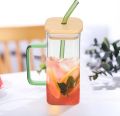 380ML Glass Cup with Wooden Lid and Straw-Clear Tall Coffee Mugs with Handle for Iced Coffee, Tea, Beverages-Aesthetic Cups. 