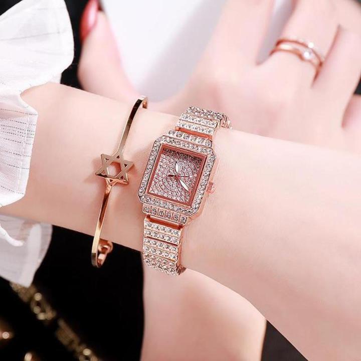 Hot Diamond Watch for Women Luxury Brand Ladies Gold Square Watch Minimalist Analog Quartz Movt Unique Female Women's Wristwatch