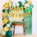 Green and Golden Happy Birthday Theme Set Happy Birthday Decoration Set Including "1 Pcs Birthday Foil Banner+ 2 Pcs Foil Star+ 30 x Balloons+5  confetti balloons +1 Pcs green Foil curtain ) -Home decoration For Birthday & Party Birthday Themes. 