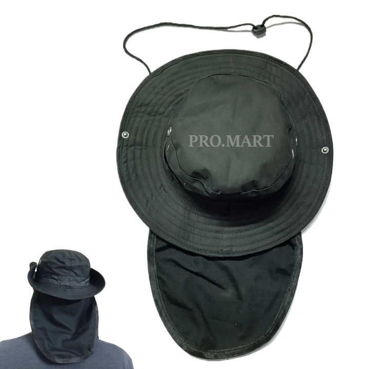 Bucket Boonie Hat Neck Flap Sun Wide Brim Fishing Outdoor Cap Sports Hiking Sun Protector Cap - Black